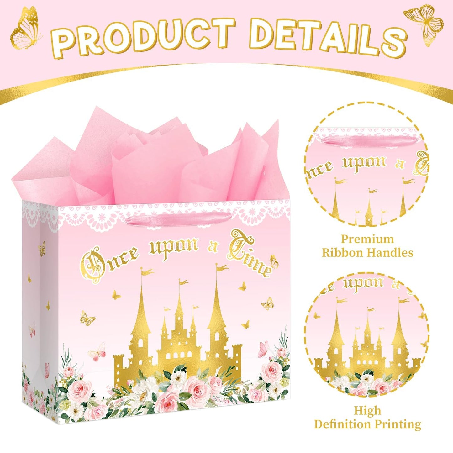 Reyoust 13" Large Pink Princess Themed Gift Bag with Card and Tissue Paper Floral Castle Present Bag for Girls Fairy Tale Baby Shower Birthday Party Decorations 1 Pcs 13" L x 10.2" H x 4.9" D