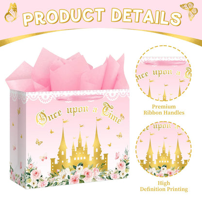 Reyoust 13" Large Pink Princess Themed Gift Bag with Card and Tissue Paper Floral Castle Present Bag for Girls Fairy Tale Baby Shower Birthday Party Decorations 1 Pcs 13" L x 10.2" H x 4.9" D