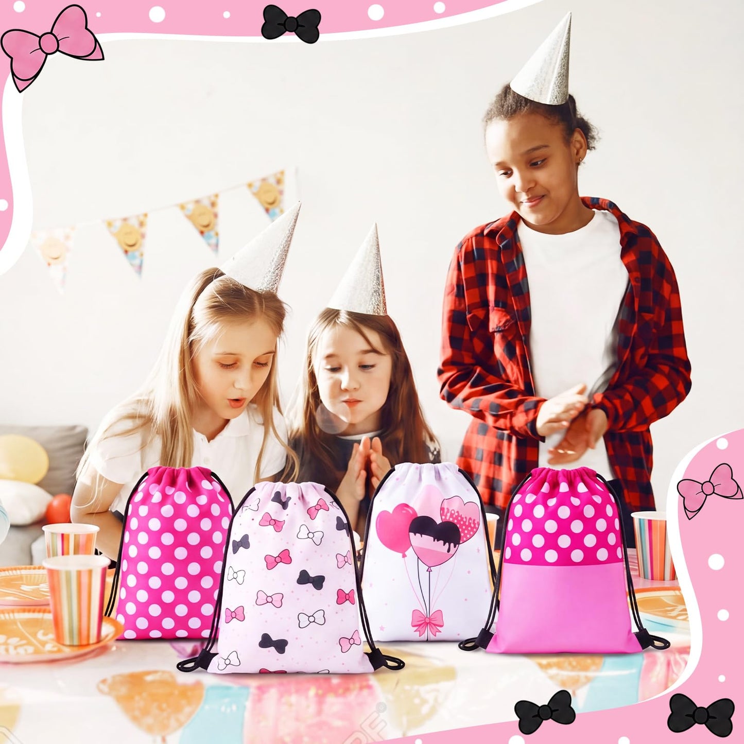 Aliceset 24 Pcs Cartoon Mouse Drawstring Bags Cartoon Birthday Party Favor Gift Goodie Treat Candy Bags Present Double Sided Gift Bag for Mice Birthday Baby Shower, 9.8 x 9.8 Inch(Pink Mouse)