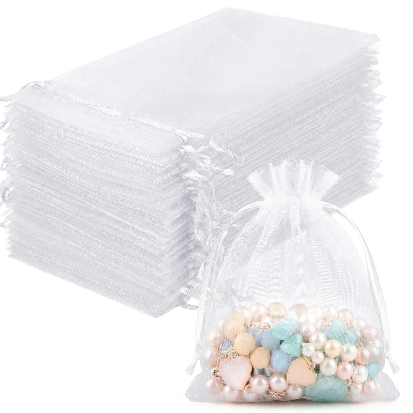 FUNFERY 100 Pcs White Organza Bags 3x4 in, Small Mesh Drawstring Gift Bags for Sachet, Jewelry, Wedding Favor, Candy Goodie Treat Bag,Easter Day