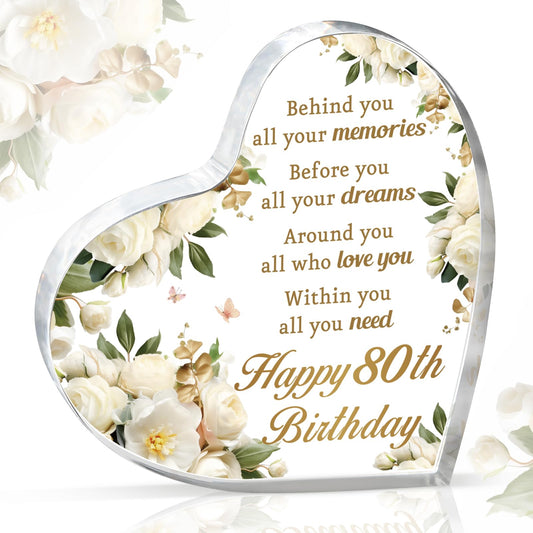 AceThrills 80th Birthday Gifts and Decorations for Women - Acrylic Paperweight 3.9 x 3.9 x 0.51 Inches - Happy Birthday Decor Party Favors