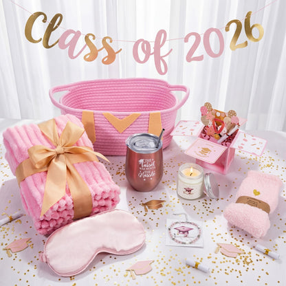 Patelai Pink Graduation Gift Basket Set for Her 2026, with Tumbler Blanket Candle Socks Bracelet Eye Mask Card, High School College Masters Degree Graduation Gifts for Friend Daughter Niece