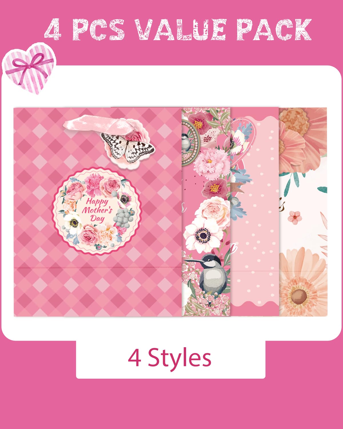 qiqee Mother's Day Gift Bags 4Pcs with Tissue Paper -7.9"x4.3"x9.6" Medium Size Cardboard Gift Bags（4pcs Bags +8pcs Tissue Paper ）