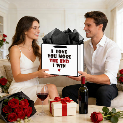 Anniversary Birthday Gift Bag for Him Men Boyfriend Women Funny I Love You More Gift Bags with Wrapping Tissue Paper and Greeting Card Valentines Wedding Bridal Shower Engagement Party Favor Bag