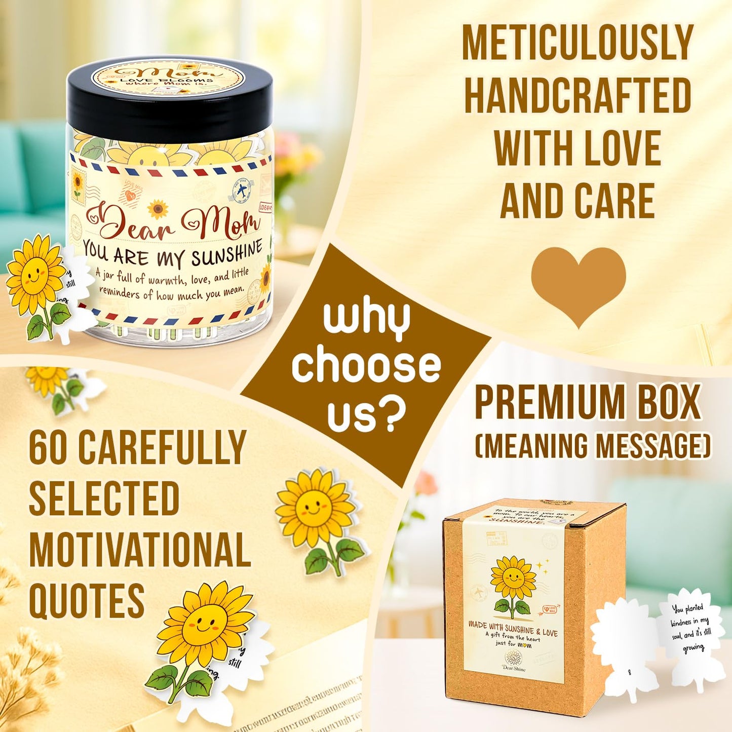 Birthday Gifts for Mom from Daughter – You Are My Sunshine Gift - Mom Gifts From Daughter, Son - Mothers Day Gift for Mother in Law, Stepmom - 60 Positive Sunflower Affirmation Cards