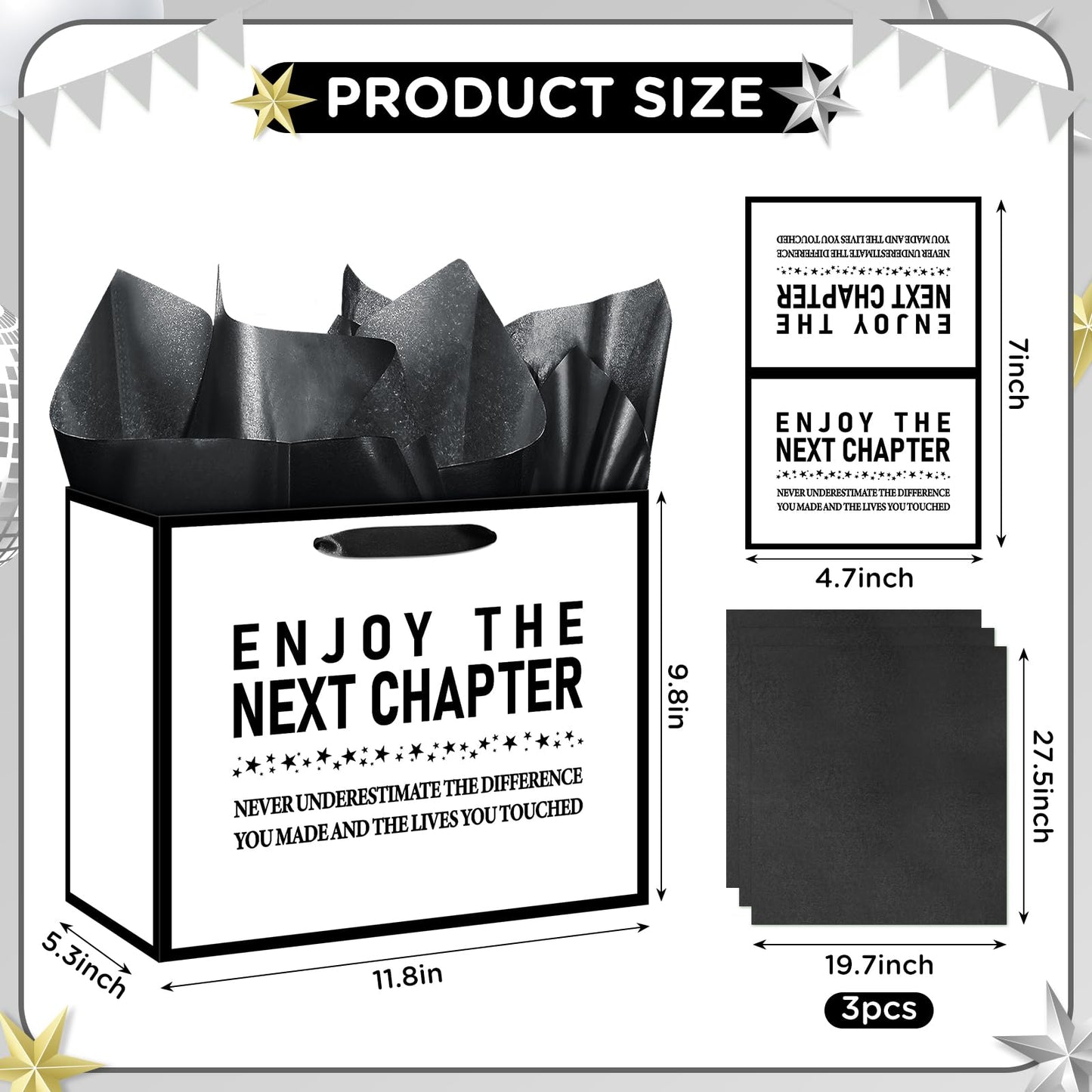 Yomaiha 1PC Retirement Gift Bag for Women Men Enjoy the Next Chapter Gift Bag with Tissue Papers and Card White Black Retirement Gift Wrapping Paper Bag for Farewell Going Away Party Supplies