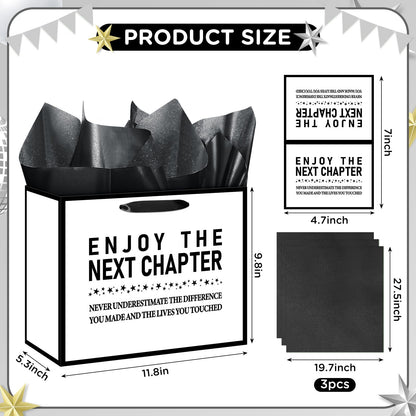 Yomaiha 1PC Retirement Gift Bag for Women Men Enjoy the Next Chapter Gift Bag with Tissue Papers and Card White Black Retirement Gift Wrapping Paper Bag for Farewell Going Away Party Supplies