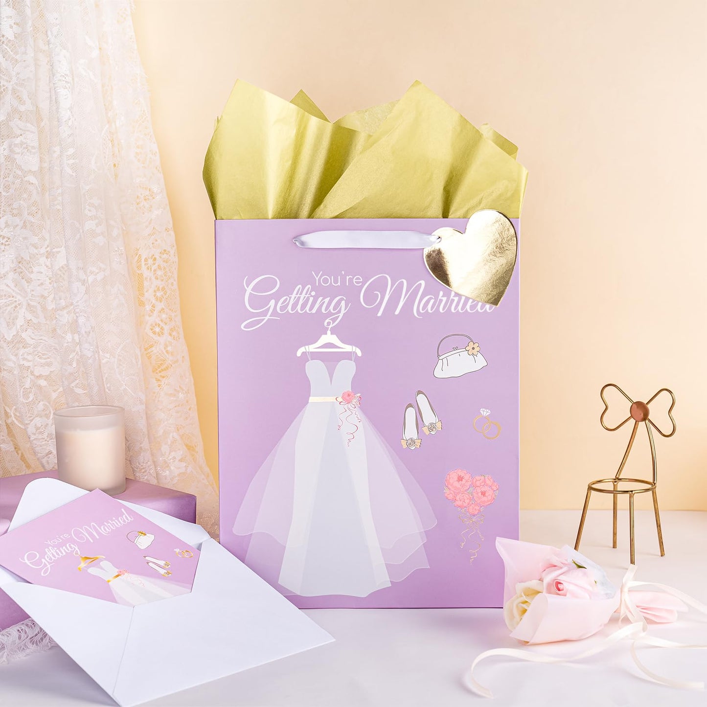 WRAPAHOLIC 13" Large Gift Bags with Card and Tissue Paper - Wedding Dress Design for Weddings, Engagements, Bridal Showers, Gift Wrap