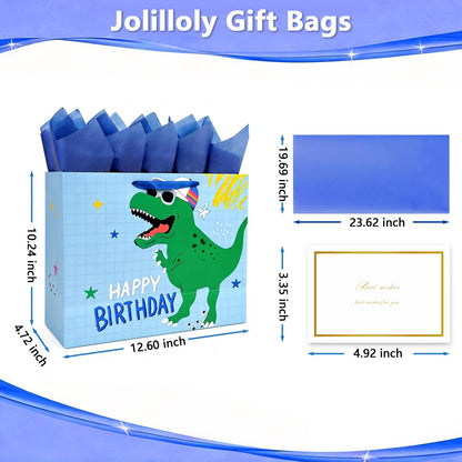 Joliloly 13" Happy Birthday Gift Bag, Dinosaur Print Sturdy Thick Paper Bag for Kids, Reusable Birthday Present Bag with Tissue Paper and Card for Boys Girls, Party Gift Wrapping Supplies