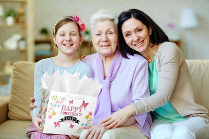Lyforpyton 12.6" Medium Mother's Day Bag with Tissue Paper and Card for Mom, Grandma, Floral Gift Bags with Cards for Woman, Suitable for Mother's Day （ 2PCS ）