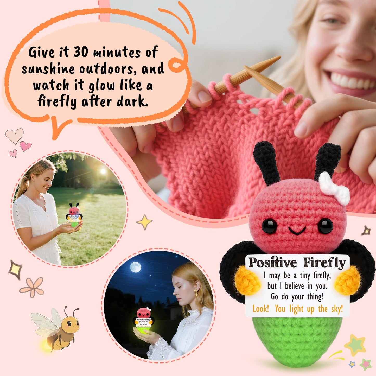 Mini Motivational Gift for Women Men Handmade Crochet Firefly for Friends Mentors Employees Teachers Leader Birthday Valentines Farewell Cheer Up Mental Health Uplifting Desk Reminder Self Care