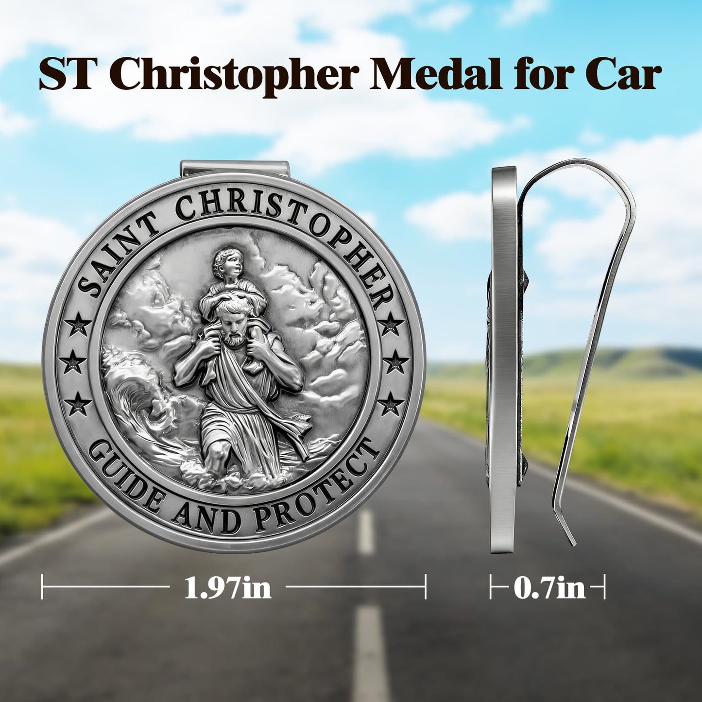 PloreWay Saint Christopher Medal for Car, Metal St. Christopher Car Visor Clip, Gifts for Catholic Men, Talisman for Safety, Automotive Visor Accessories, Gift for Drivers, Families, Friends