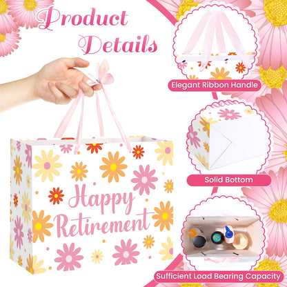 MOORIIY Happy Retirement Gift Bag for Women, Boho Daisy Retirement Wrapping Paper Bag with Tissue Paper and Card Floral Retired Gifts for Women Farewell Going Away Party Decorations Supplies