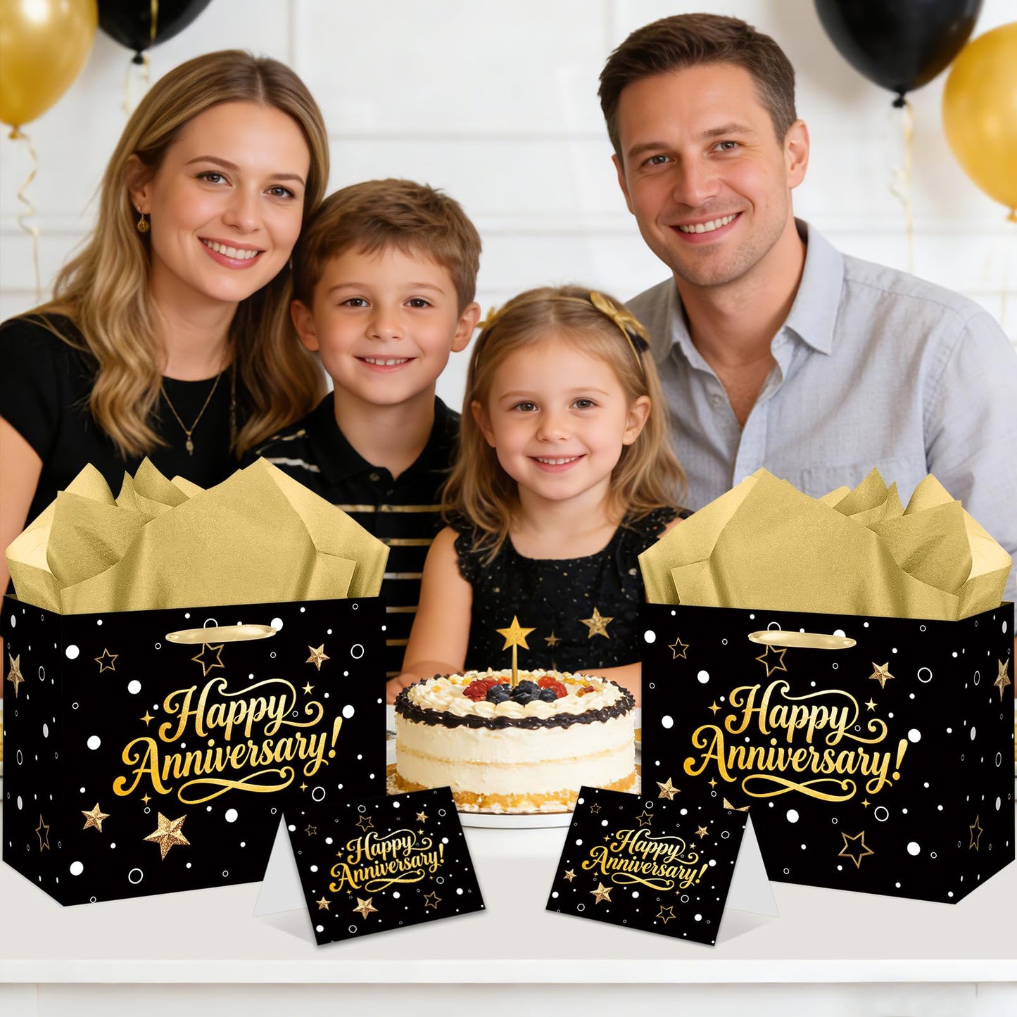 Black Gold Happy Anniversary Party Gift Bag - Large Wedding Gift Wrapping Bag with Tissue Paper and Greeting Card, Ideal for Wedding, Parents, 50th Golden Jubilee & Work Anniversary Party Decorations