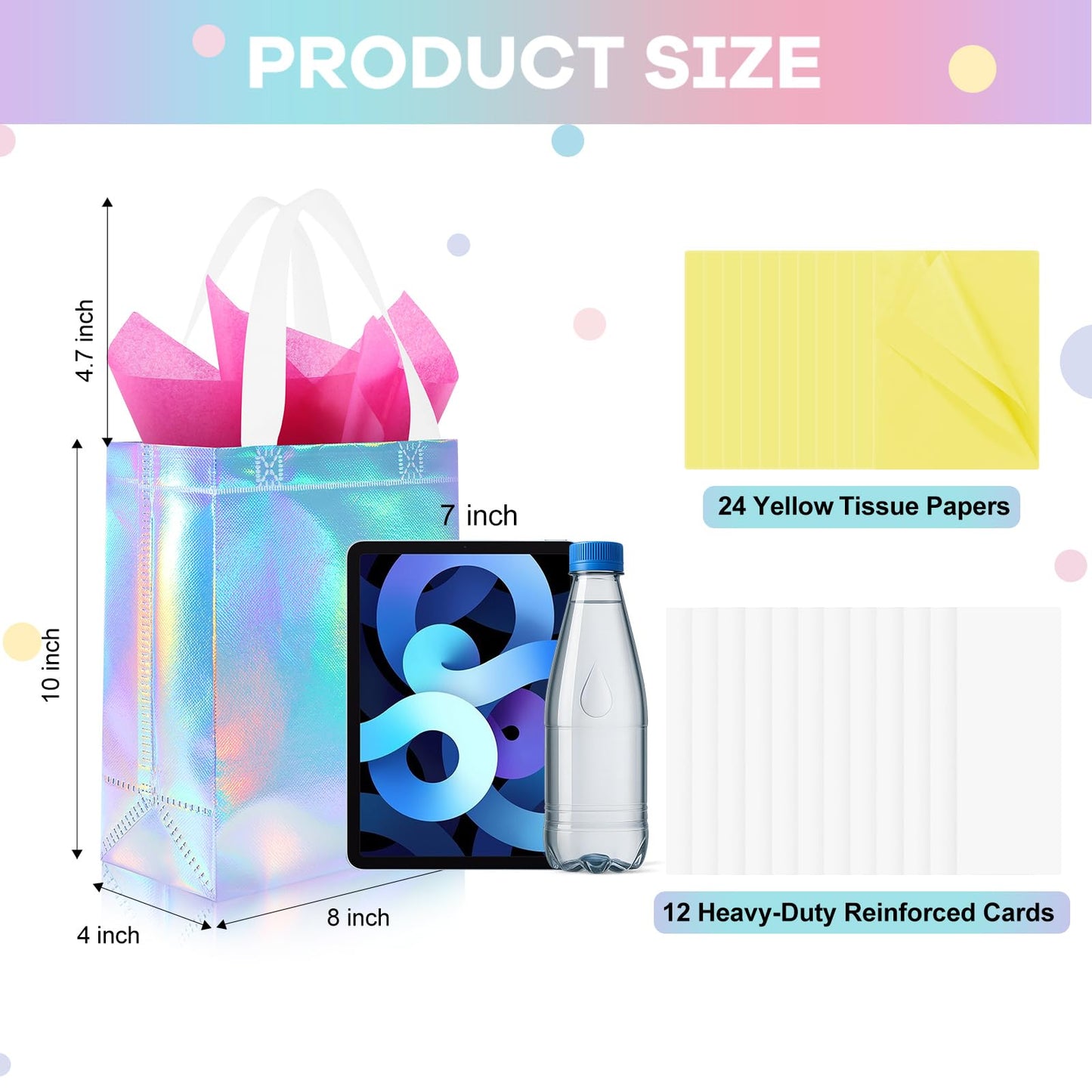Addblu 12 Pack Reusable Gift Bags with Handles & 24 Tissue Papers, 10x4x8 Inch Iridescent Gift Bags with Cardboard Bases for Shopping, Parties, Birthdays, Weddings, Holiday, Father's Day (Gold Gift Bag)
