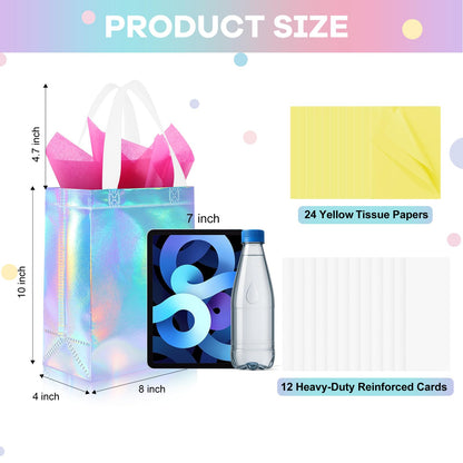 Addblu 12 Pack Reusable Gift Bags with Handles & 24 Tissue Papers, 10x4x8 Inch Iridescent Gift Bags with Cardboard Bases for Shopping, Parties, Birthdays, Weddings, Holiday, Father's Day (Gold Gift Bag)