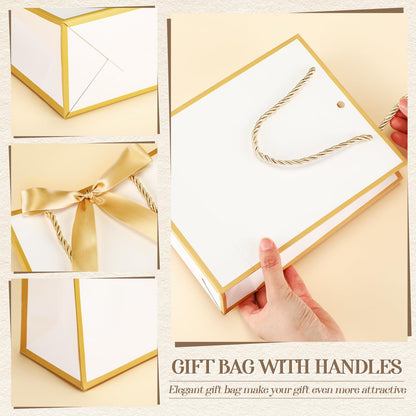 Silkfly 12 Pcs Wedding Paper Gift Bags with Handle 9x7x3.15'' Thank You Gifts Bags with Ribbon Bow Bridal Shower Gifts for Baby Shower Graduation Holiday Birthday Party Supplies (White,Gold)