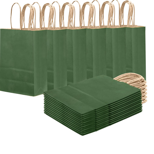 qiqee Dark Olive Green Gift Bag with Handles Bulk 24Pcs Paper Bags -8.3"x6"x3. 15" Party Favor Bags - Solid Color