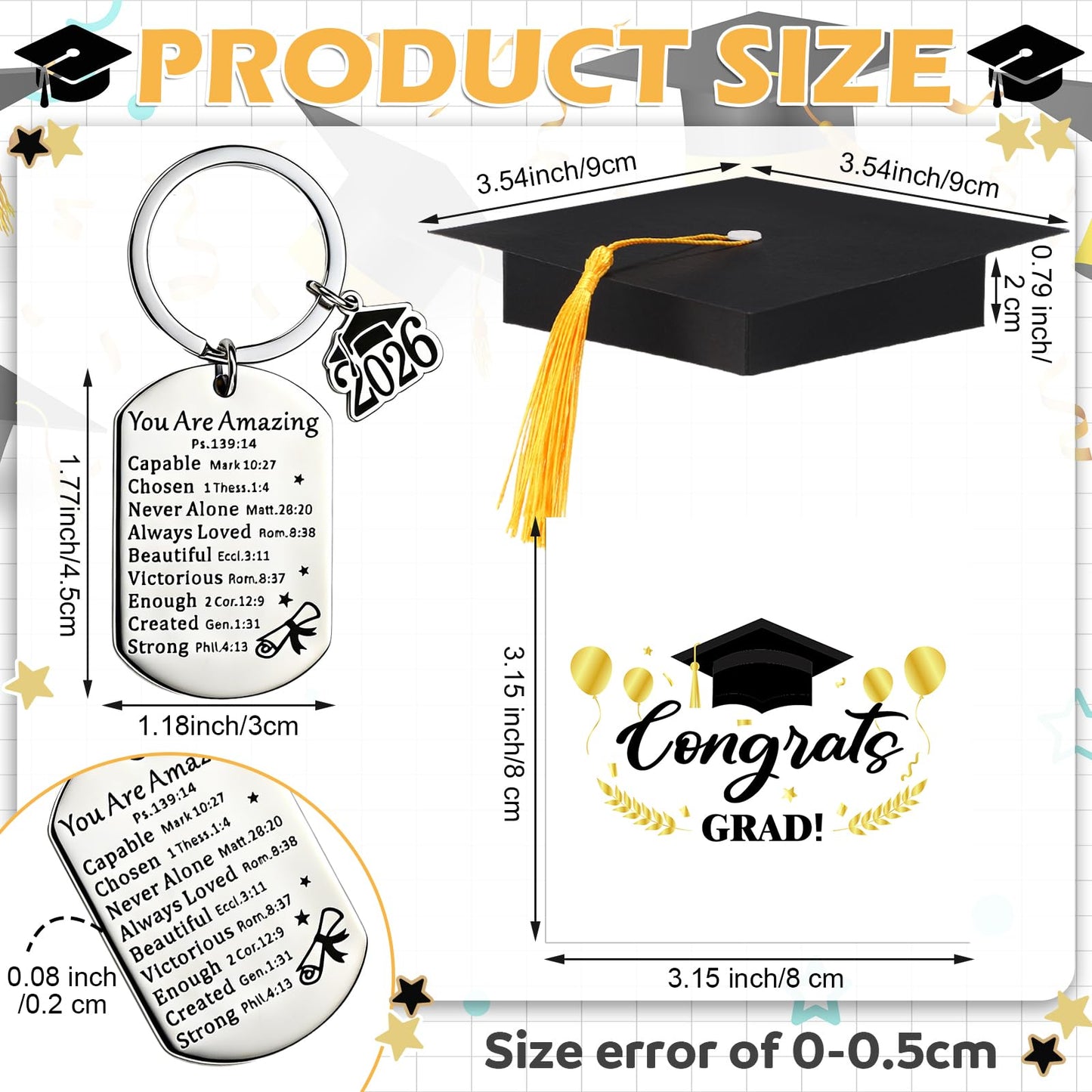 Quelay 12 Sets Graduation Keychain Gift Graduation Christian Keyring with Doctoral Hat Gift Box for Class of 2026 Grad