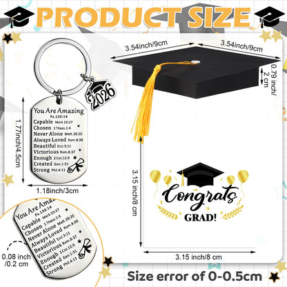 Quelay 12 Sets Graduation Keychain Gift Graduation Christian Keyring with Doctoral Hat Gift Box for Class of 2026 Grad
