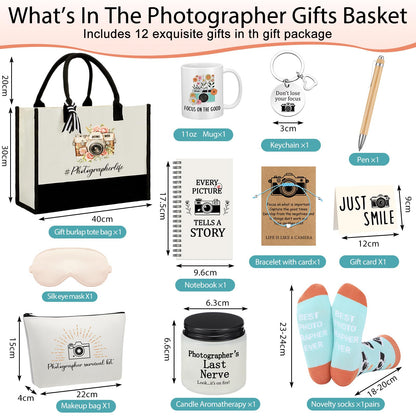 Leinuosen 12 Pcs Photography Gift Set for Women Trapezoid Grocery Canvas Tote Bag with Handle Makeup Bag Mug Scented Candle Novelty Socks for Photographer Appreciation Birthday Party Favors