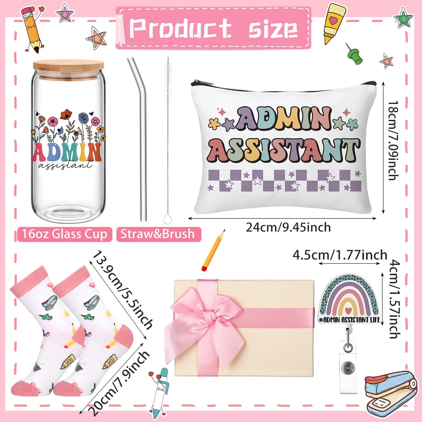 Skylety 5 Pcs Administrative Assistant Gifts for Women 16oz Glass Cup Sock Cosmetic Bag Badge Reel Admin Assistant Appreciation Gift Box for Employee Coworker Secretary Custodian Supplies