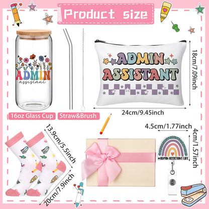 Skylety 5 Pcs Administrative Assistant Gifts for Women 16oz Glass Cup Sock Cosmetic Bag Badge Reel Admin Assistant Appreciation Gift Box for Employee Coworker Secretary Custodian Supplies