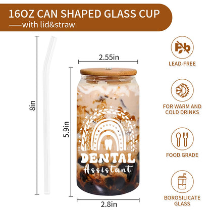 Dental Assistant Gifts, Dental Assistan Appreciation Gift for Women, 16oz Dental Assistant Glass Cup With Straw, Dental Assistant Week Must Haves Travel Coffee Tumbler Mug Cup