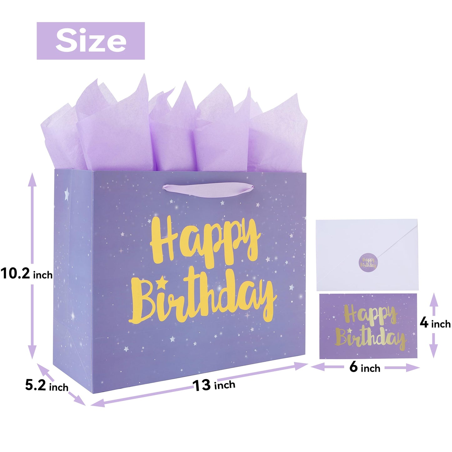 Qirrmiy 13” Large Purple Happy Birthday Gift Bag Set with Handles, Greeting Card, Lavender Tissue Papers and Stickers for Women Girls Kids, Stars Design, 1 Pcs.