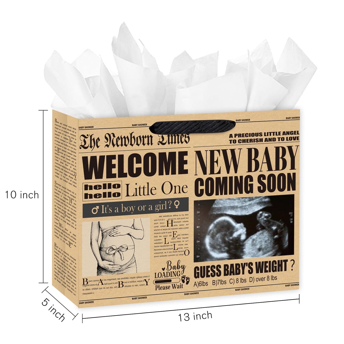 Loveinside 13" Large Baby Shower Newspaper Gift Bag, Vintage Welcome New Baby Design, Gender Neutral Kraft Party Bag with Tissue Paper for Pregnancy Announcement, Newborn Gifts, 13" x 5" x 10", 1 Pcs