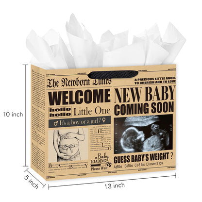 Loveinside 13" Large Baby Shower Newspaper Gift Bag, Vintage Welcome New Baby Design, Gender Neutral Kraft Party Bag with Tissue Paper for Pregnancy Announcement, Newborn Gifts, 13" x 5" x 10", 1 Pcs