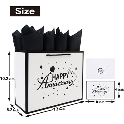 Qirrmiy 13'' Large Anniversary Design Gift Bag Set with Handles, Greeting Card, Black Tissue Papers and Stickers for Women Men Husband Wife Boyfriend Girlfriend or Romantic, Anniversary Design, 1 Pcs