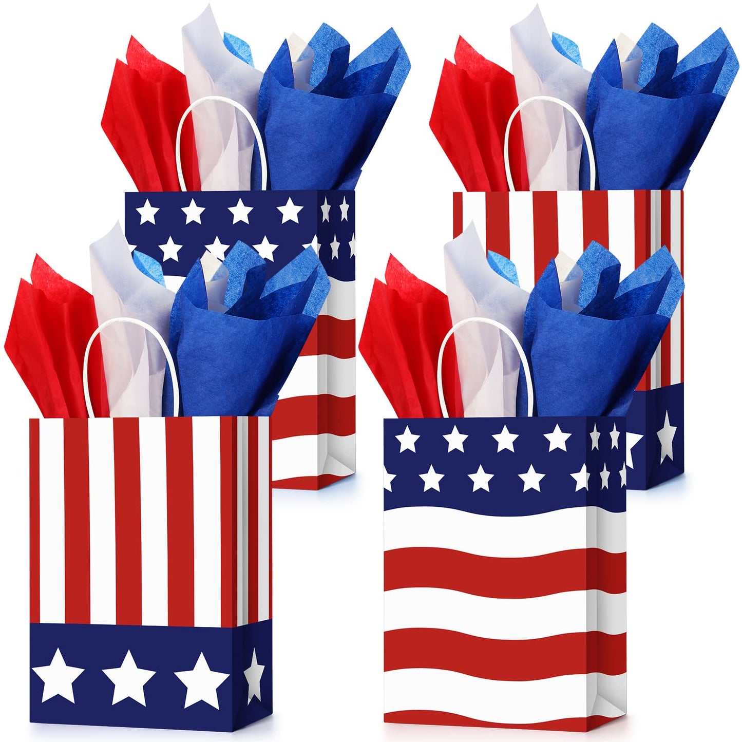 Tisancy 30 Pcs Patriotic Gift Bags with Handle with 30 Pcs Red White Blue Tissue Paper 4th of July American Flag USA Gift Bags for Veterans Memorial Day Independence Day(Classic Style)