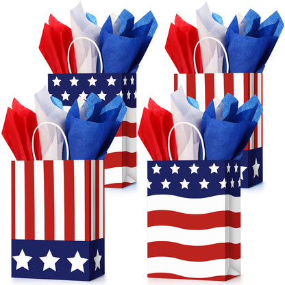 Tisancy 30 Pcs Patriotic Gift Bags with Handle with 30 Pcs Red White Blue Tissue Paper 4th of July American Flag USA Gift Bags for Veterans Memorial Day Independence Day(Classic Style)