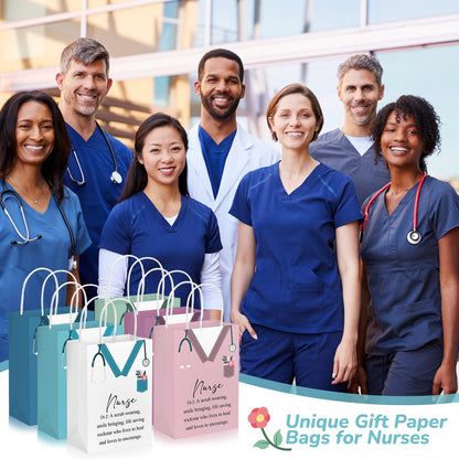 Woanger 50 Pieces Nurse Appreciation Gift Bag Bulk Nurse Week 2026 Gift Goodie Paper Bag with Handle Nursing Graduation Thank You Handbag for Lpn Assistant Cna Week Party Favor Supplies, 5 Colors