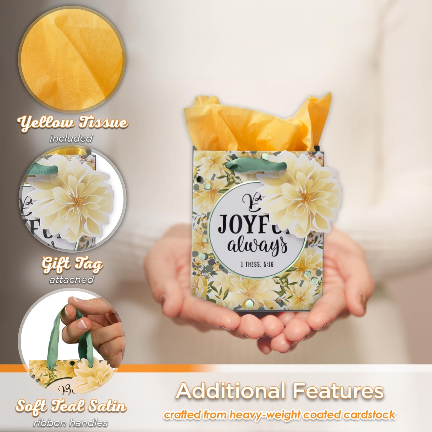 Christian Art Gifts Gift Bag/Tissue Paper Set Be Joyful Always 1 Thessalonians 5:16 Bible Verse, Yellow Floral, Extra Small