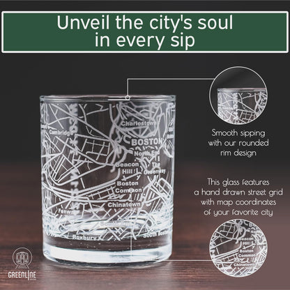 Greenline Goods Whiskey Glasses - 10 Oz Tumbler Gift Set for Boston lovers, Etched with Boston Map | Old Fashioned Rocks Glass - Set of 2