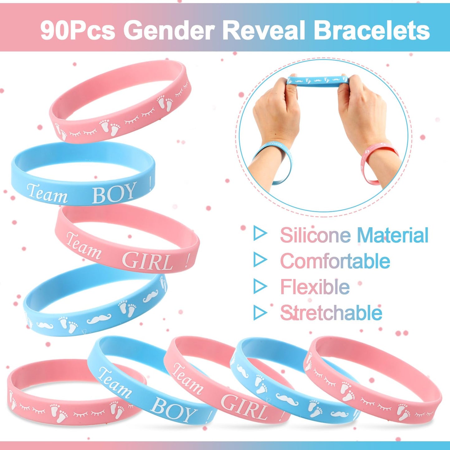 Jetec 60 Pieces Gender Reveal Bracelets, Team Boy Silicone Wristbands and Team Girl Rubber Bracelets for Gender Reveal Ideas Party Supplies Decorations