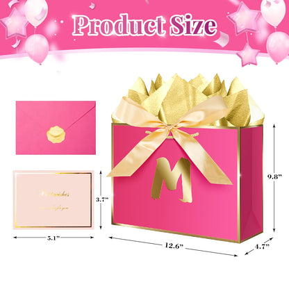 XiaosRen Personalized Gift Bag with Card and Tissue Paper, 12.6" Paper Bag with Ribbon for Women Girls Birthday Anniversary Wedding Bridesmaid (Hot Pink, M)
