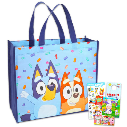 Bluey Tote Bag Set - Bundle with Bluey Tote for Beach, Groceries, Storage Plus Stickers, More | Bluey Shoulder Bag for Kids, Teens, Adults