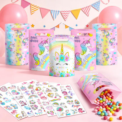 momoake Unicorns Party Favor Bags, 24 PCS Goodie Bgs with 120 Waterproof Vnyl Stickers for Kids Unicorns Birthday Decorations