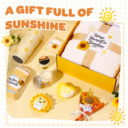 Sunflower Gift Box for Women, Sunshine Birthday Gifts, Luxury Self Care Package, 9-in-1 Gift Baskets with Blanket, Tumbler, Candle, Bath Bomb, Plush & More, Get Well Soon, Valentine Day Gifts
