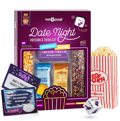 Couples Gift Set, Date Night Scratch Off Cards, Popcorn Gift Set & Movie Night Trivia Dice Game, Anniversary, Couples Gifts for Him and Her, 30 Cards, Gourmet Popcorn Kernels And Popcorn Seasoning Kit