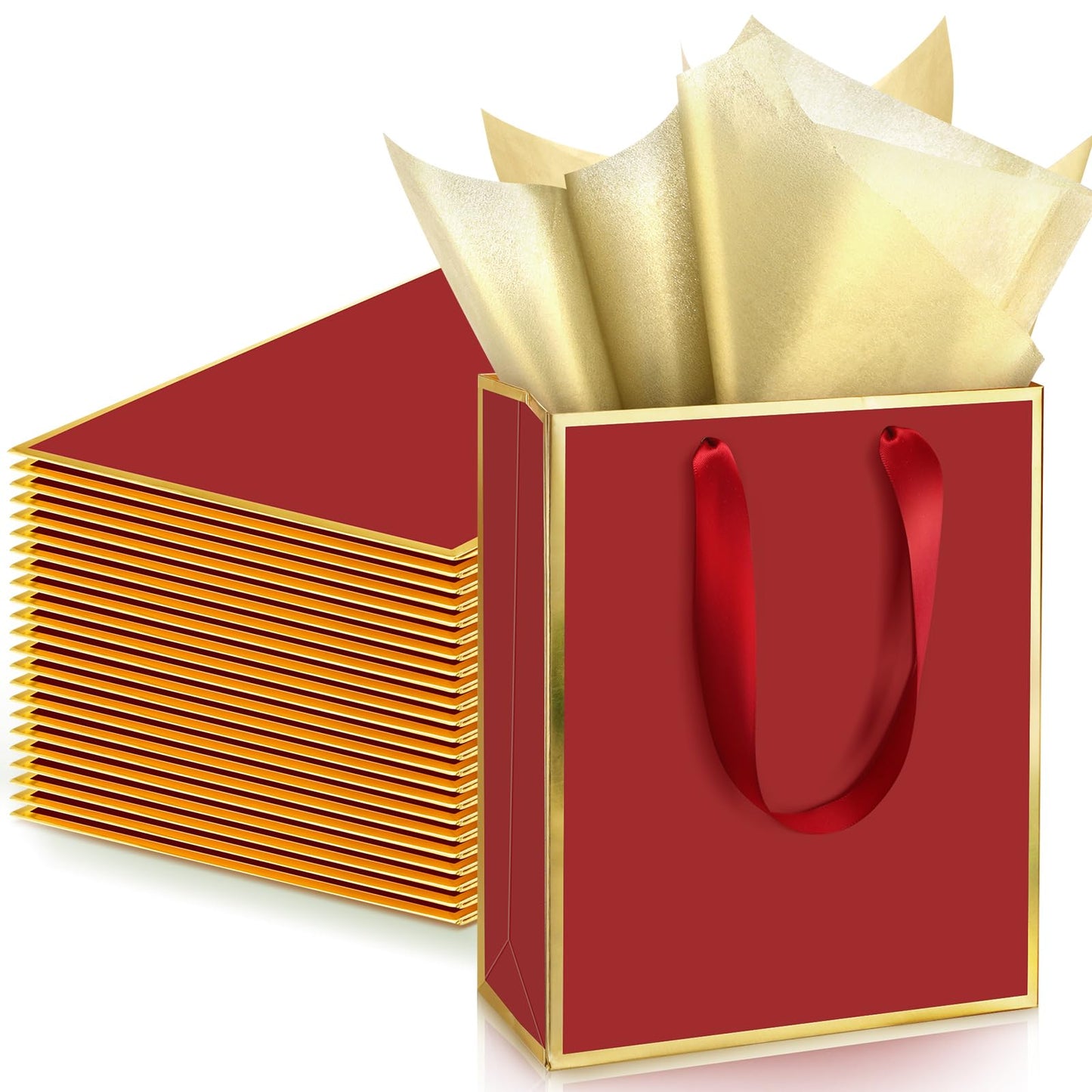 Yeaqee 24 Pack Metallic Paper Gift Bags with Handle and Tissue 9x7x3.1 Gold Foil Welcome Thank You Favor Bags Return Gifts for Wedding Mothers Graduation Bridesmaid Birthday(Burgundy Red and Gold)