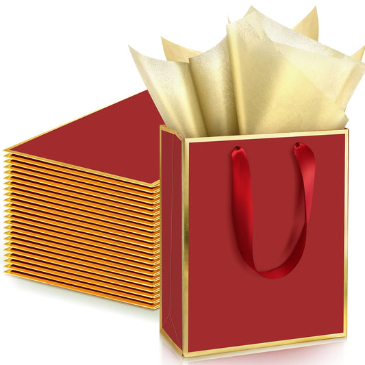 Yeaqee 24 Pack Metallic Paper Gift Bags with Handle and Tissue 9x7x3.1 Gold Foil Welcome Thank You Favor Bags Return Gifts for Wedding Mothers Graduation Bridesmaid Birthday(Burgundy Red and Gold)