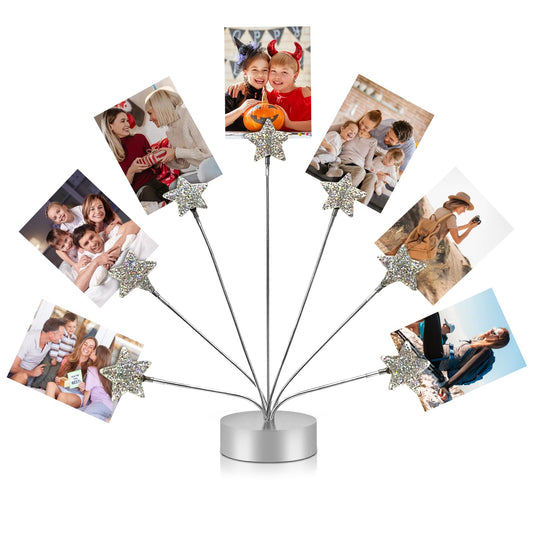 7-Branch Family Desktop Photo Tree Holder Clip Round Base, Card Picture and Memo Desk Frame Display Stand for Wedding Party Christmas Photo Clip Holder Table Numbers (Stars)