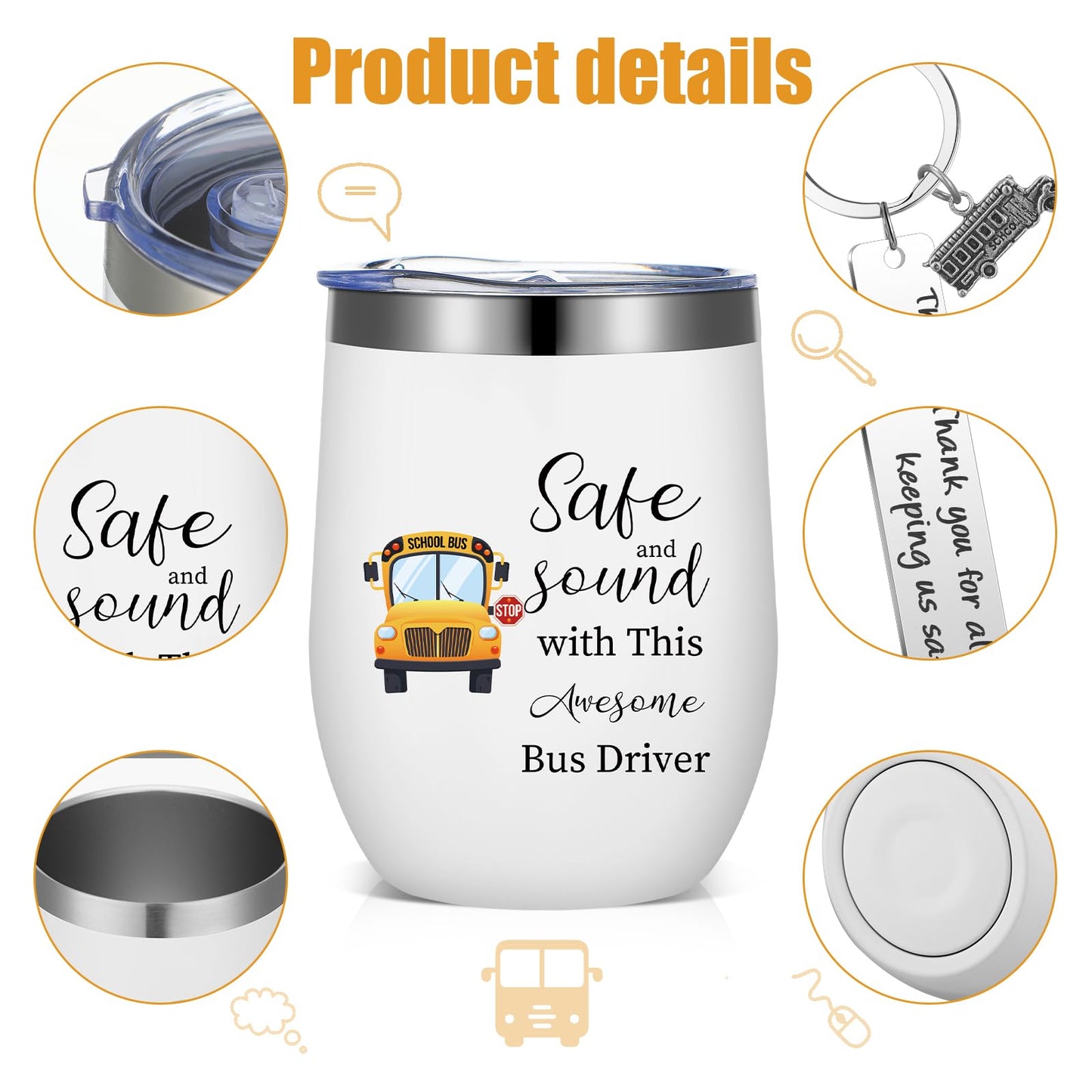 Rtteri 6 Pcs Bus Driver Appreciation Gifts for Men Women School Bus Driver Gifts 3 Stainless Steel Thank You Keychains and 3 Tumbler Cups 12 oz with Lid & Straw