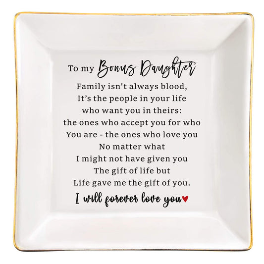 Ceramic Jewelry Ring Dish for Women Her, Christmas Birthday Wedding Day for Daughter Mom Grandma Coworker Aunt Best Firends Bonus Daughter, Jewelry Tray Keepsake