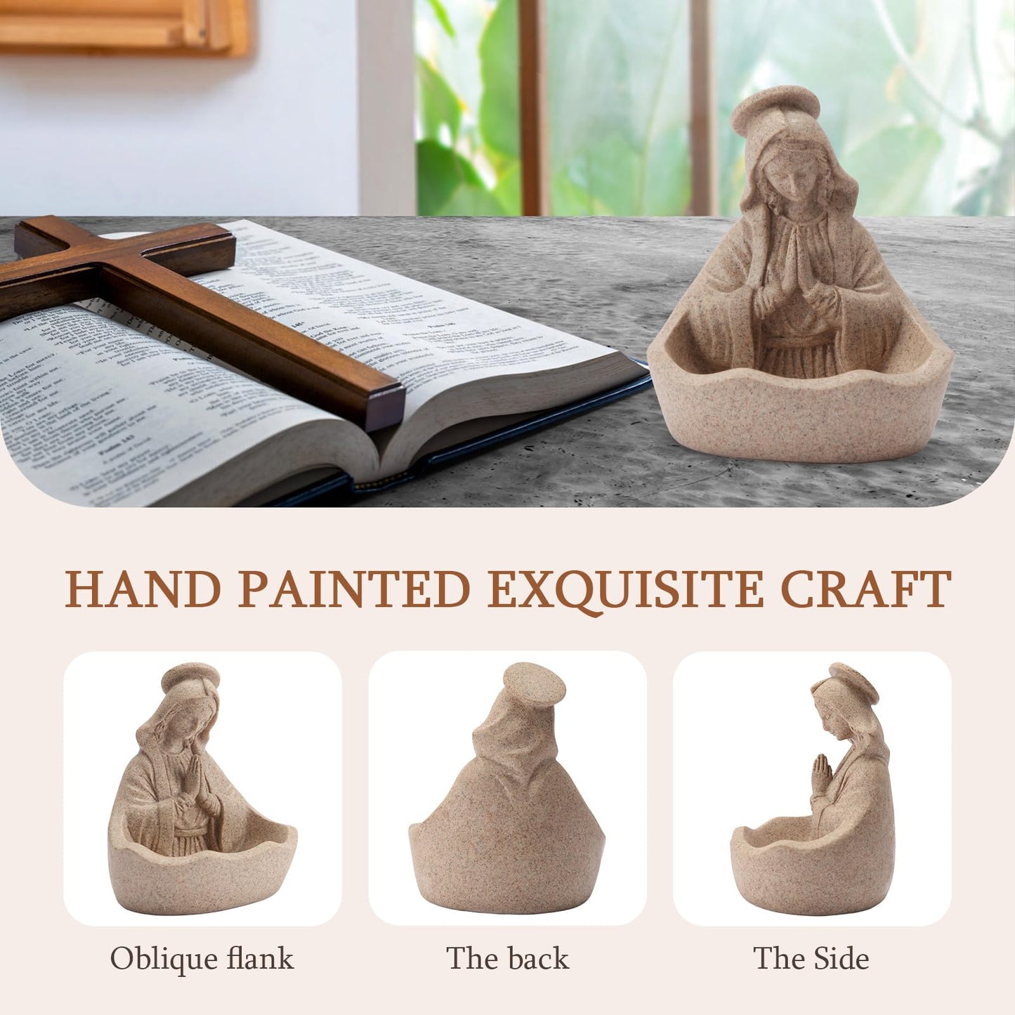 Virgin Mary Statue, Catholic Gifts for Women, Virgin Mary Keepsake Rosary Holder, 5.5" Blessed Mother Statues, Catholic Decor (Sandstone)