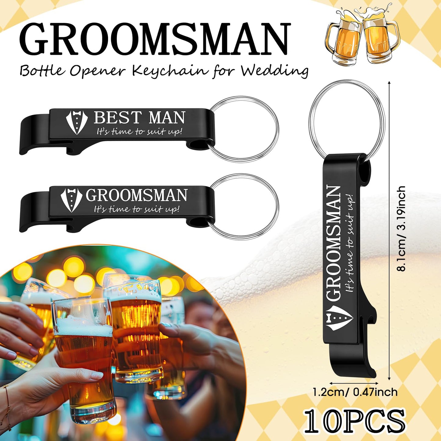 Jingmore 10 Pcs Groomsmen Bottle Opener Keychain Groomsmen Proposal Gift Aluminum Wine Beer Opener Wedding Favors Bulks Include 9 Groomsman and 1 Best Man Gift for Wedding Bachelor Party(Black)